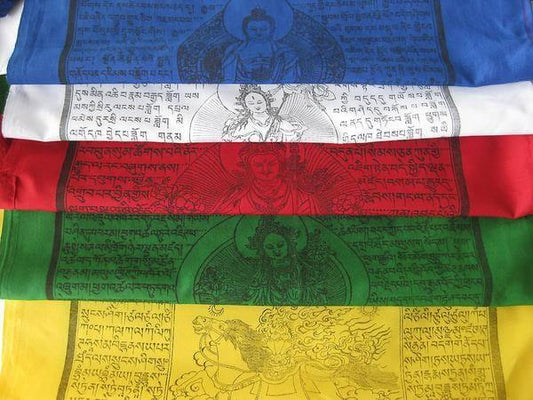 THE BUDDHIST SHOP 5 rolls of Tibetan Vertical Prayer Flags ~ 15 flags each ~ Rotto Polyester 